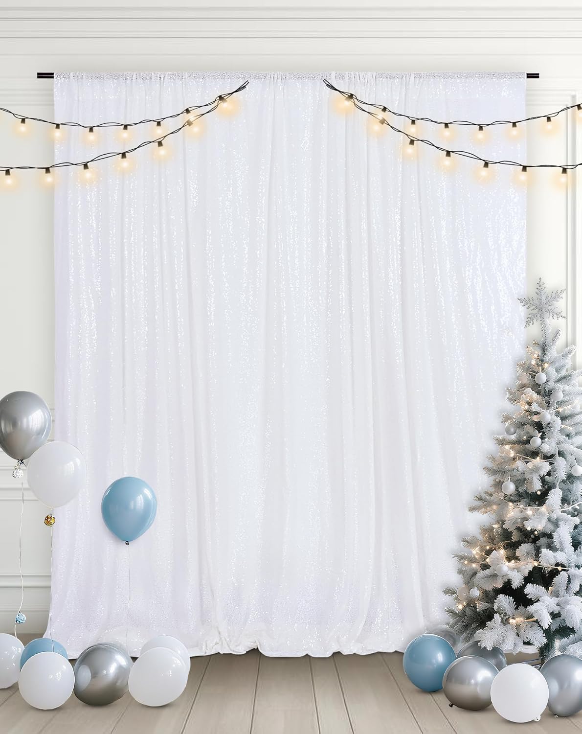 Eternal Beauty White Sequin Backdrop, 8x10 Ft Glitter Background Curtains for Christmas Shimmer Photography Party Wedding Birthday Back Drop Decor