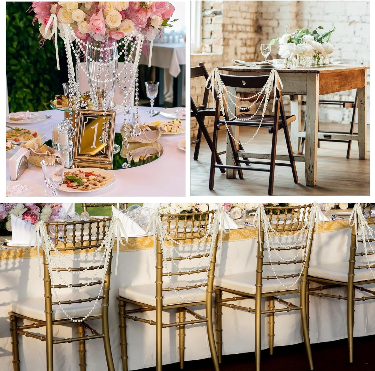 32 Pcs Wedding Pearl Bow Chair Decor Satin Ribbon Bows with Pearl Beaded String Garland Aisle Chair Sashes Decorations for Ceremony Coquette Party Banquet Decor (Ivory)