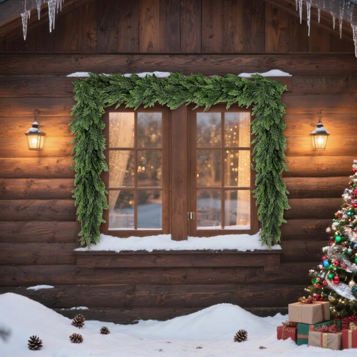 2PCS Christmas Cedar Garland 6FT Artificial Realistic Soft and Thickness Green Faux Cedar Pine Garlands, Holiday Xmas Decoration Stairs Wall Mantle Door Indoor Outdoor(2pcs, 6ft)