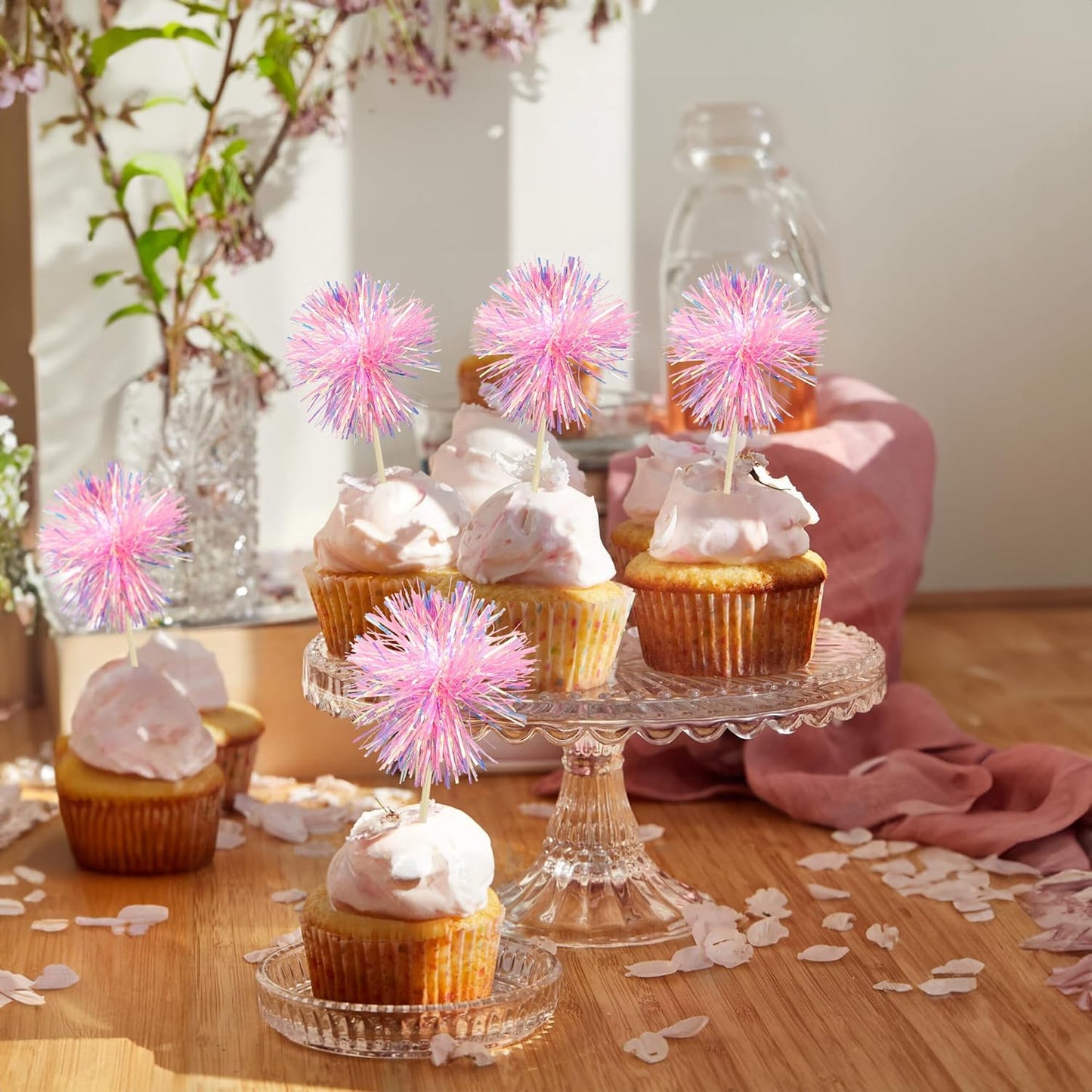 Gyufise 30Pcs Foil Firework Cupcake Toppers Sparkle Tinsel Cake Toppers Tinsel Drink Cake Decoration Cocktail Picks for Birthday Wedding Graduation Party Supplies Dark Pink