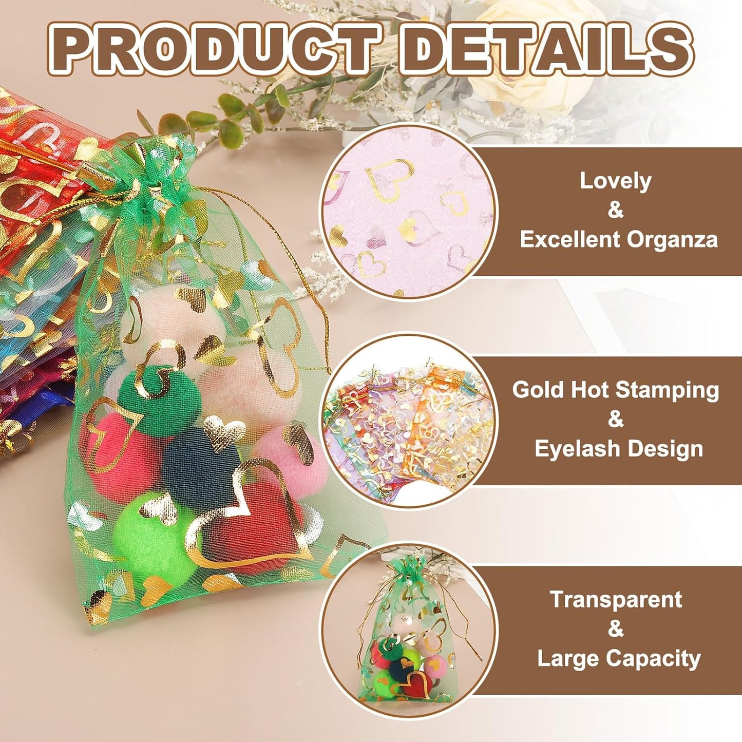 PATIKIL 100 Pcs 4x6 Inch Heart Printed Organza Bags, Silver Sheer Heart Organza Bags with Drawstring for Christmas Candy Jewelry Party Wedding Favor Gift