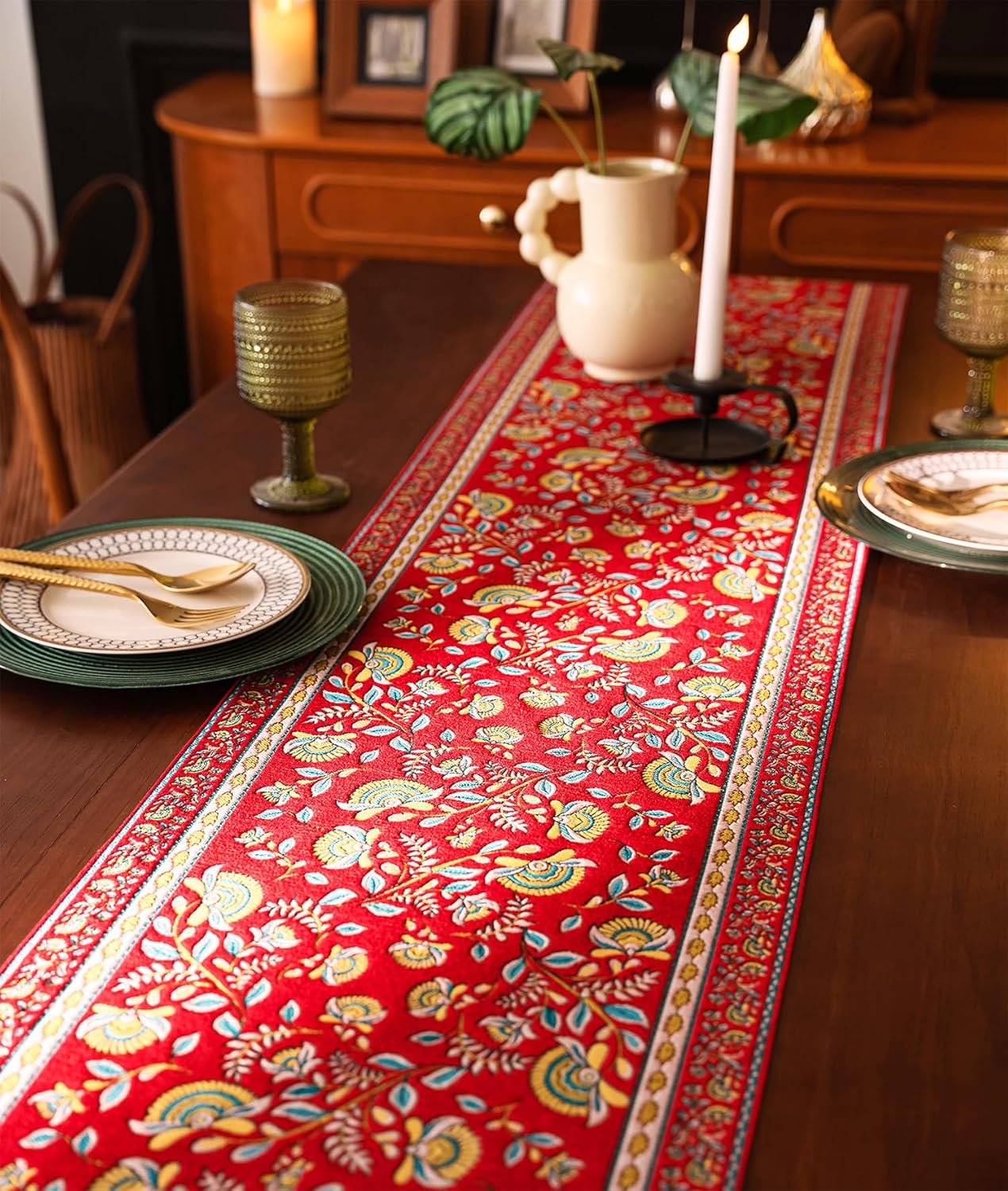 13×72 Inch Table Runner, Retro-Luxury Tassels Series for Kitchen Dining Table Holiday Decoration (Red Branch)