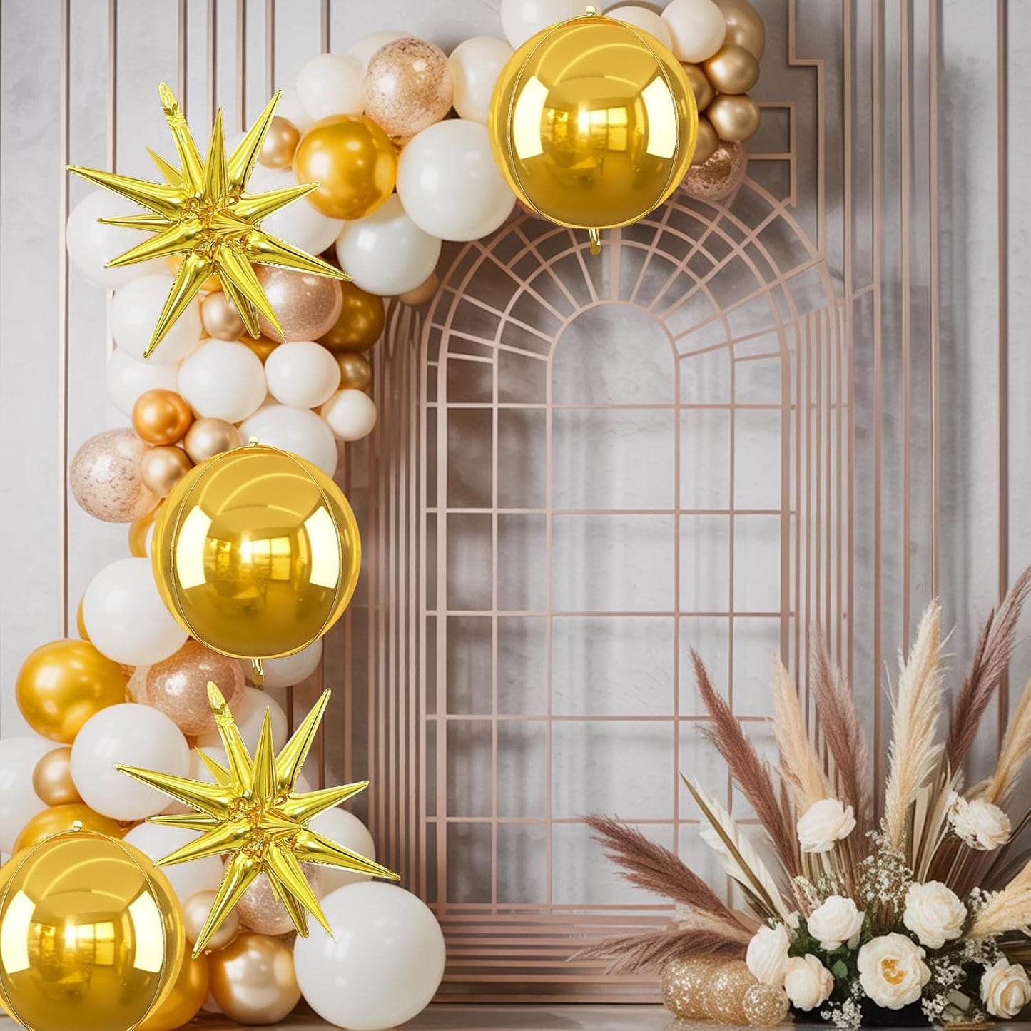 6Pcs Gold Foil Balloons,22Inch Gold 4D Round Ball Balloon and Explosion Star Balloon for Birthday Wedding Baby Shower Anniversary Graduation Decorations