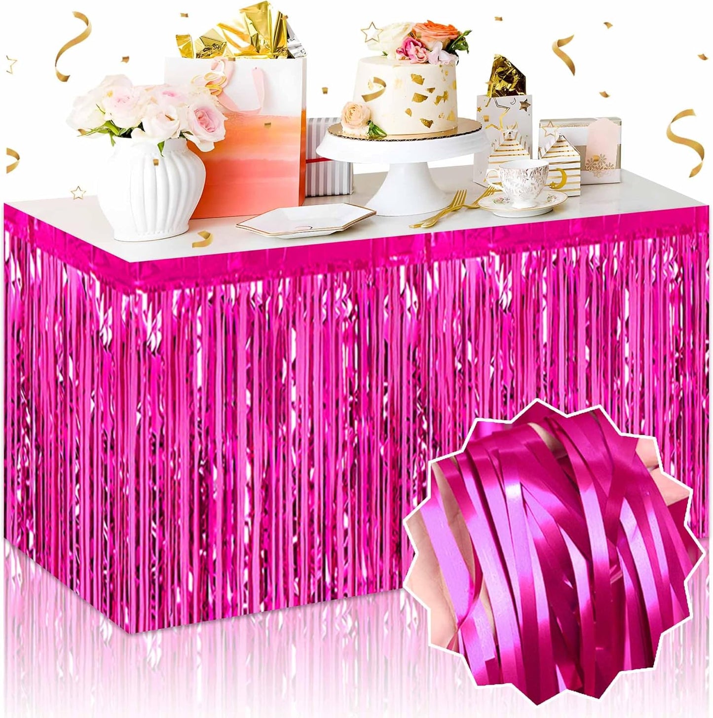 3 Pack Fuchsia Foil Fringe Table Skirts Metallic Tinsel Streamers Garland Banner Backdrop for Table Decor, Parade Float, Birthday, Wedding, Halloween, Christmas Party Decorations(29x108 In)
