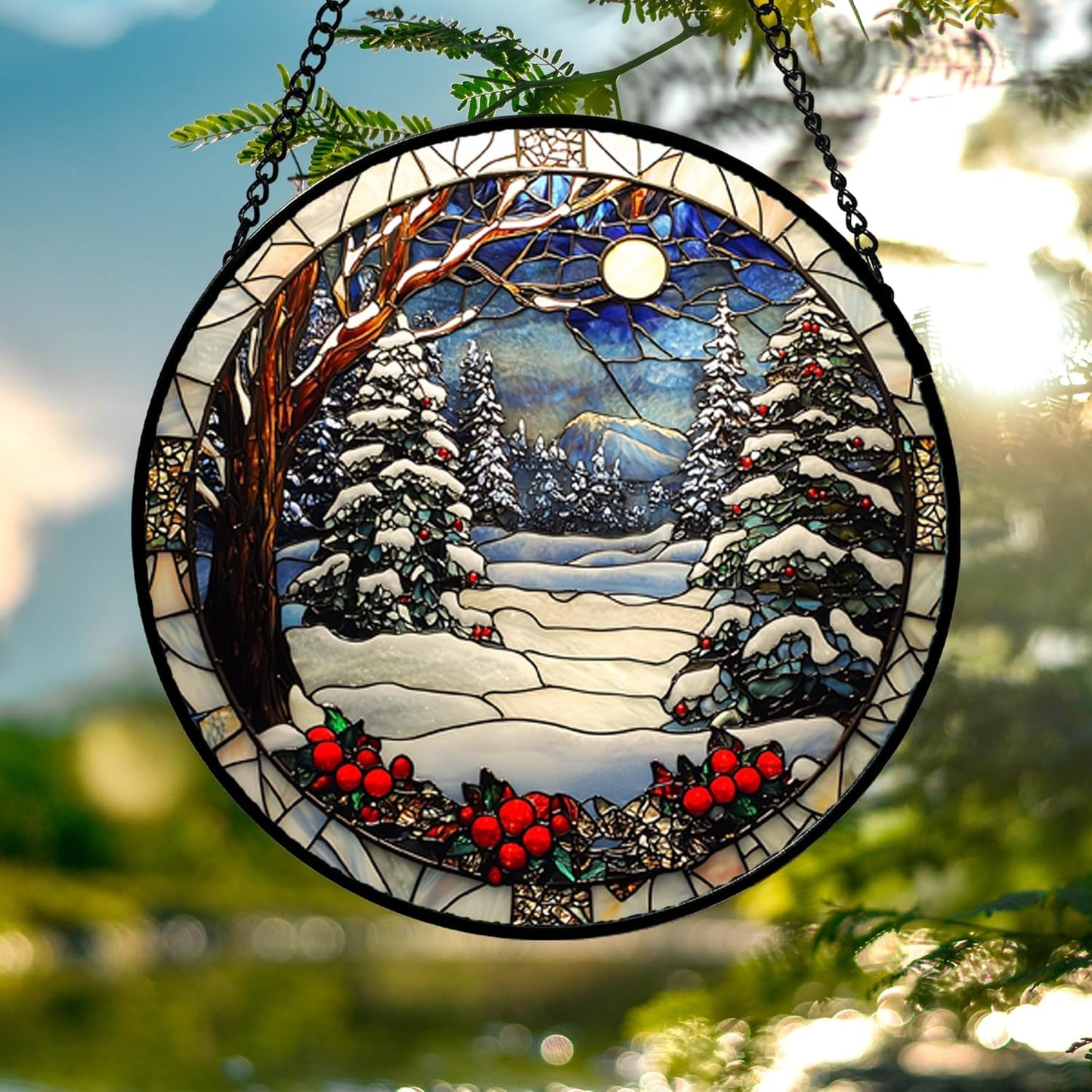 Stained Glass Window Hanging Christmas Tree Winter Snow Night Scenery Large 14.9" - Suncatcher Door Garden Kitchen Sun Catcher Home Decor Birthday for Mom Men Woman Friend