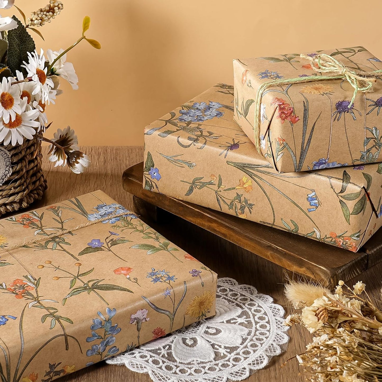 WRAPAHOLIC Kraft Floral Wrapping Paper Roll - Mini Roll - 17 Inch x 9.8 Feet - Wildflower Wrapping Paper Perfect for Girls Women Birthday, Wedding, Bridal Shower