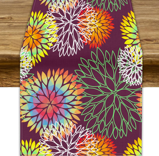 Brown Dahlia Flower Table Runner, Linen Geometric Pattern Floral Table Decor Spring Farmhouse Decorations for Kitchen Dining Holiday Party Decor, 13x90 Inch