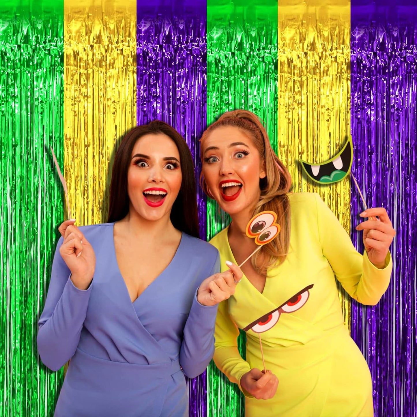 4 Pack Mardi Gras Foil Fringe Curtain Backdrop, 3.28Ft x 8.2Ft Gold Green Purple Metallic Tinsel Foil Fringe Streamers Curtains for Photo Booth, Wedding, Birthday, Carnival Party Decoration