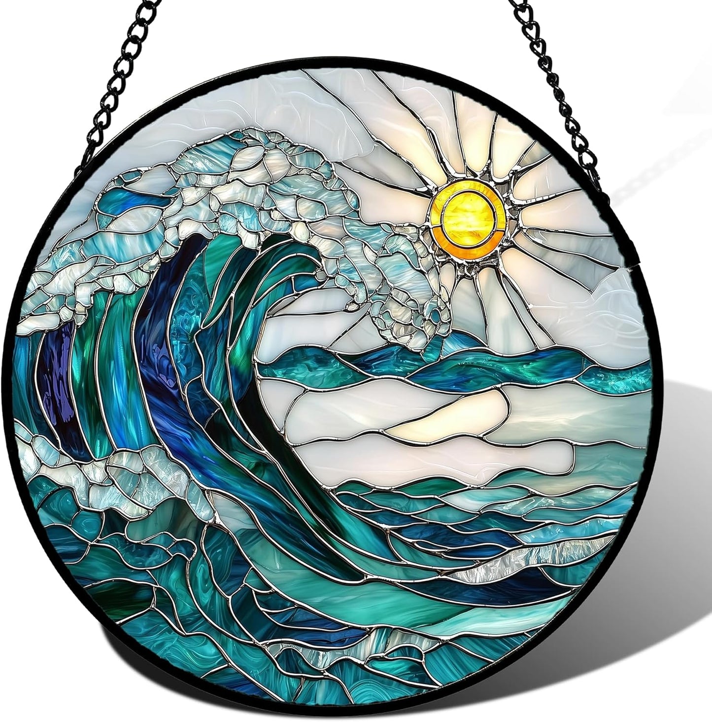 Stained Glass Window Hanging - Blue Green Waves Suncatcher for Door Terrace Garden Home Decor Sunrise Over The Sea Sun Catcher Birthday Gifts for Lovers Women Men Dad Mom Nana 6.3 in