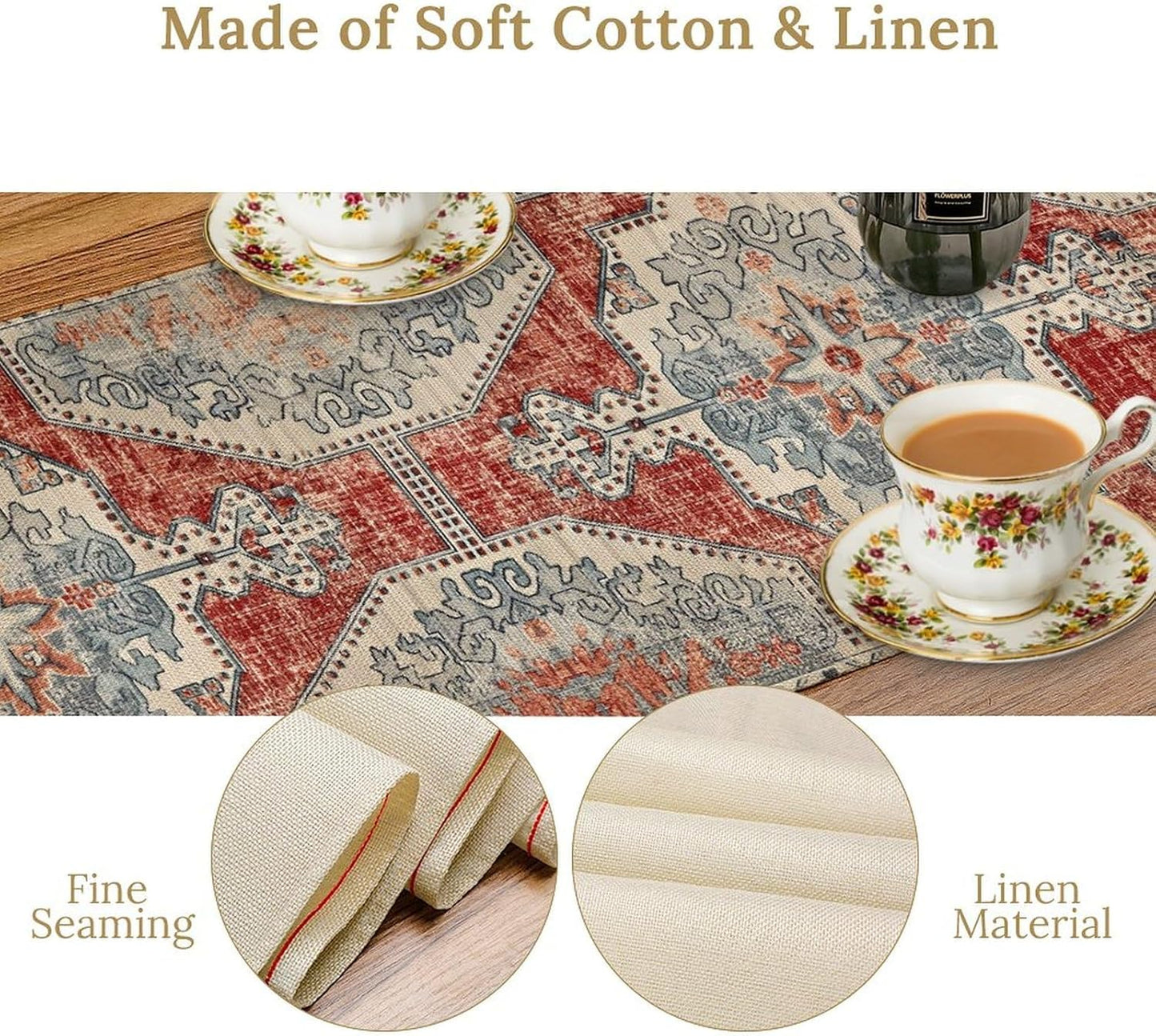 Boho Floral Vintage Table Runner, Retro Blue Red Flower Rustic Country Farmhouse Abstract Pattern for Home Kitchen Table Decor Dining Coffee Room Party Decor 13x108in