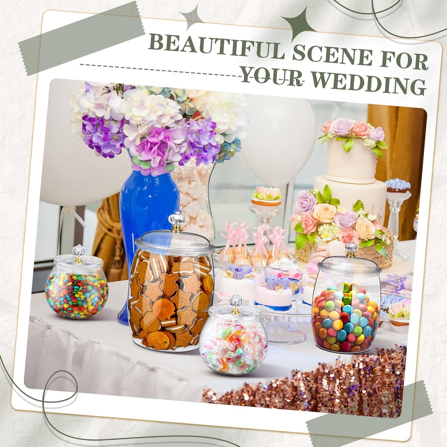 Nuogo 4 Pcs Plastic Candy and Cookie Jars with Lids Clear Cookie Container Candy Jars Large Airtight Apothecary Storage Organization for Wedding Home Kitchen Bar(30/42/64 oz)