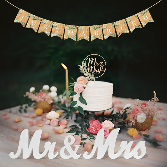 Mr & Mrs Cake Topper & Just Married Banner & Mr Mrs Table Sign Green Wedding Decorations in Wood