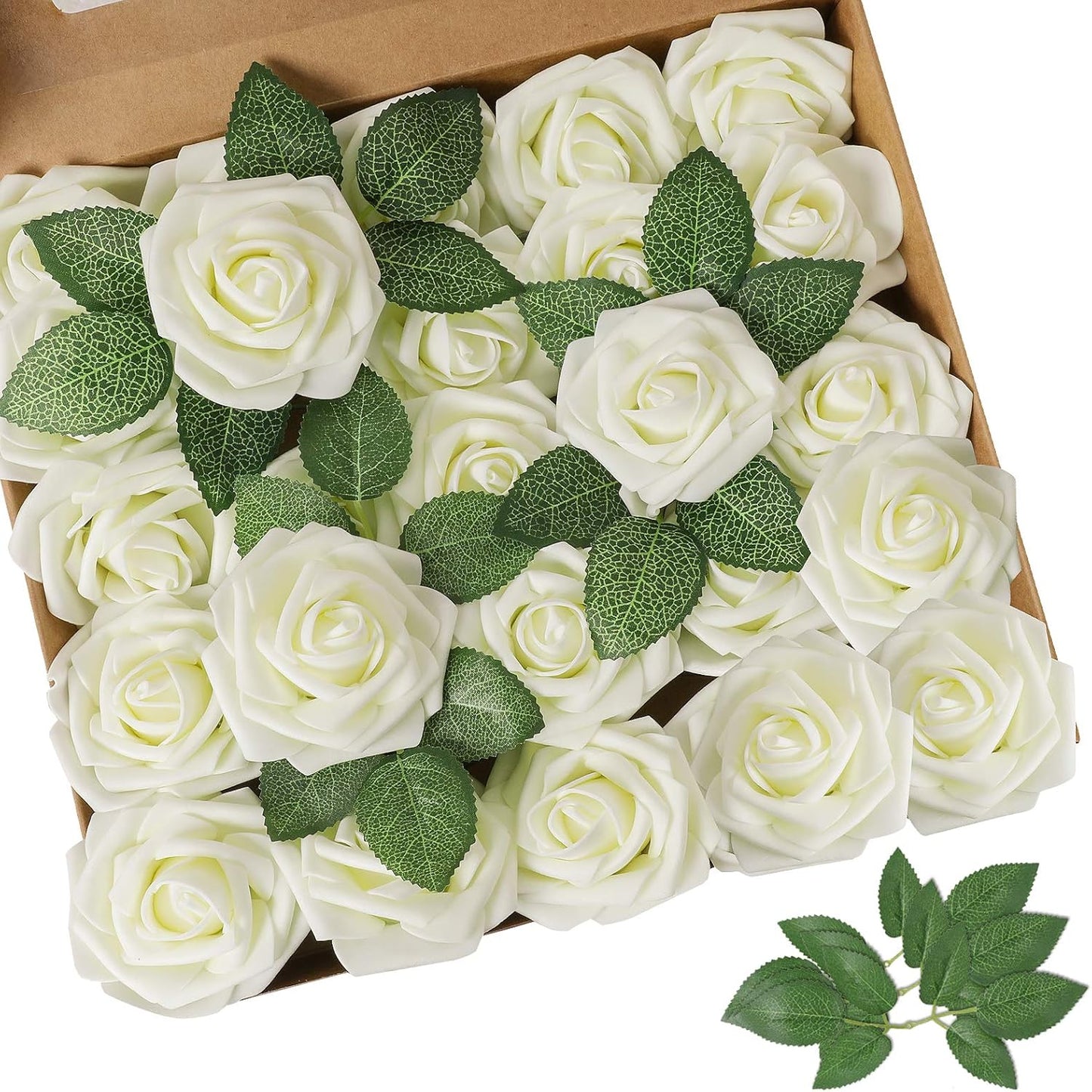 AmyHomie Artificial Flower Ivory Rose 25pcs Real Looking Fake Roses w/Stem for DIY Wedding Bouquets Centerpieces Arrangements Party Baby Shower Home Decorations