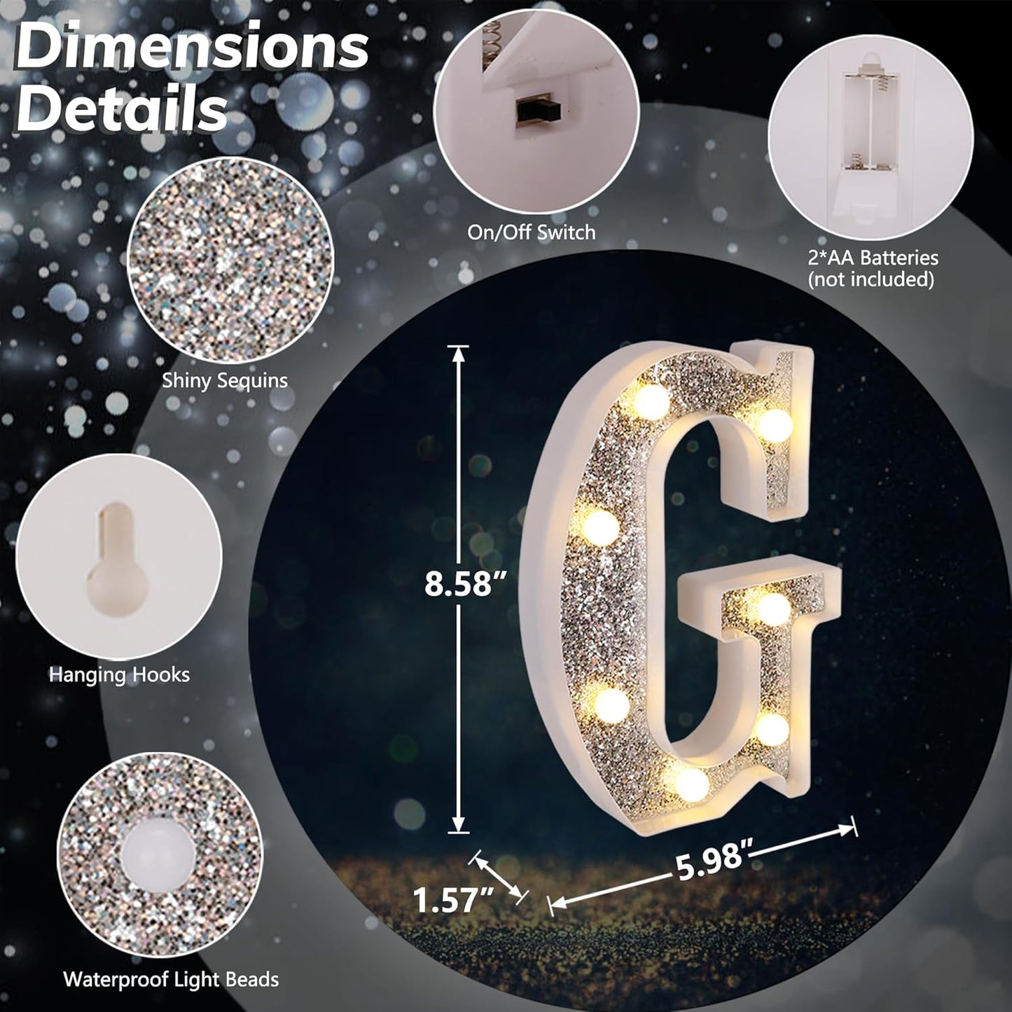 Marquee Light Up Letters, Glitter Silver LED Letter Lights Battery Powered Alphabet Letter Sign for Night Light Wedding Birthday Party Cafe Bar Decoration Girls Room Decor - G