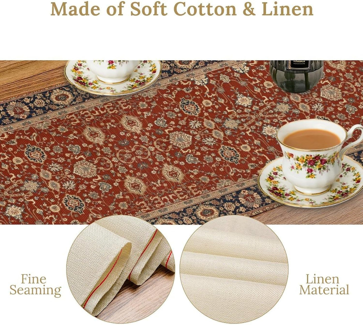 Boho Floral Vintage Red Blue Table Runner, Retro Flower Rustic Country Farmhouse Abstract Pattern for Home Kitchen Table Decor Dining Coffee Room Party Decor 13x72in