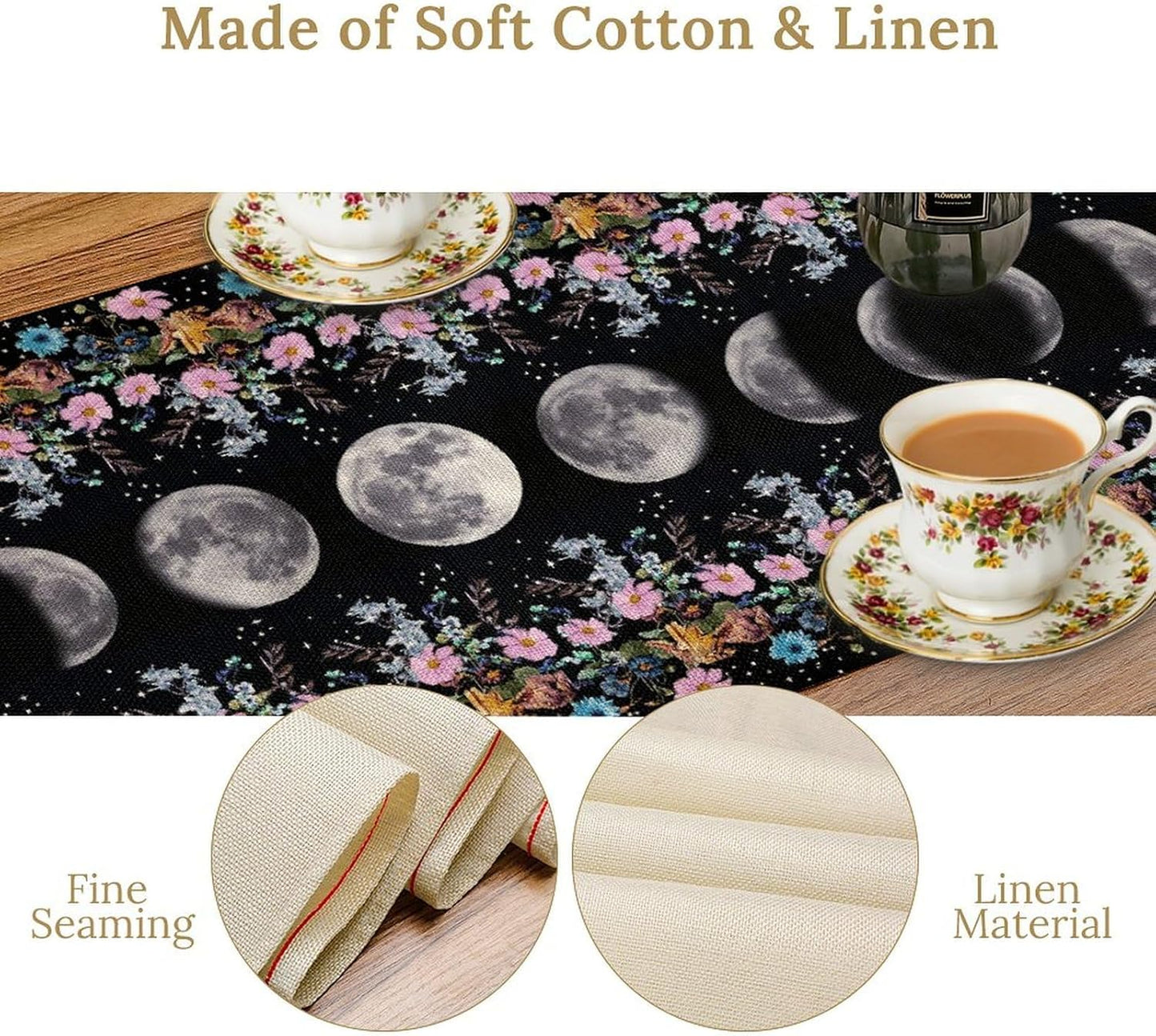 Boho Floral Moon Table Runner, Spring Flower Leaves Mystical Gothic Sun Moon Table Runner for Kitchen Dining Table Home Party,13x120 Inch Purple