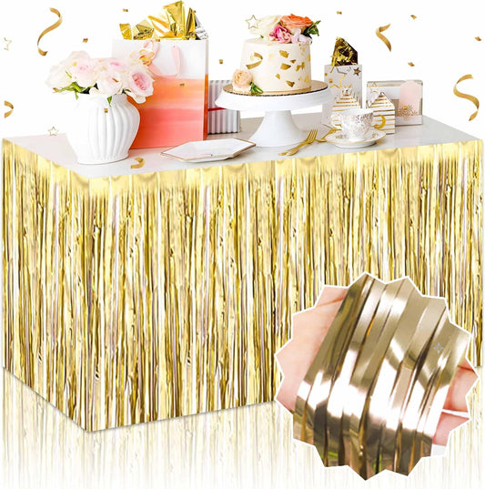 3 Pack 29 x108 Inch Light Gold Foil Fringe Table Skirts Metallic Banner for Tinsel Streamer Garland Backdrop for Parade Floats Mother's Day, Graduate, Birthday, Wedding Party Decoration