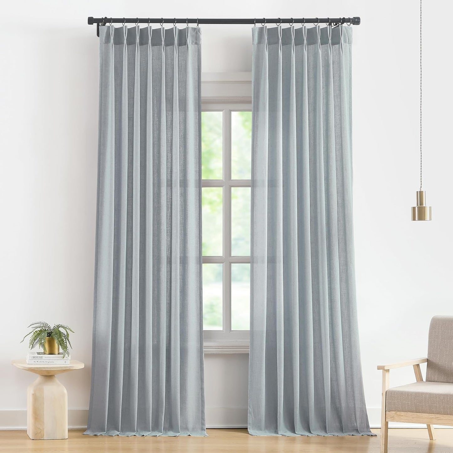Vision Home Blue Grey Pinch Pleated Semi Sheer Curtains Textured Linen Blended Light Filtering Window Curtains 108 inch for Living Room Bedroom Pinch Pleat Drapes with Hooks 2 Panels 9ft 40" Wx108 L