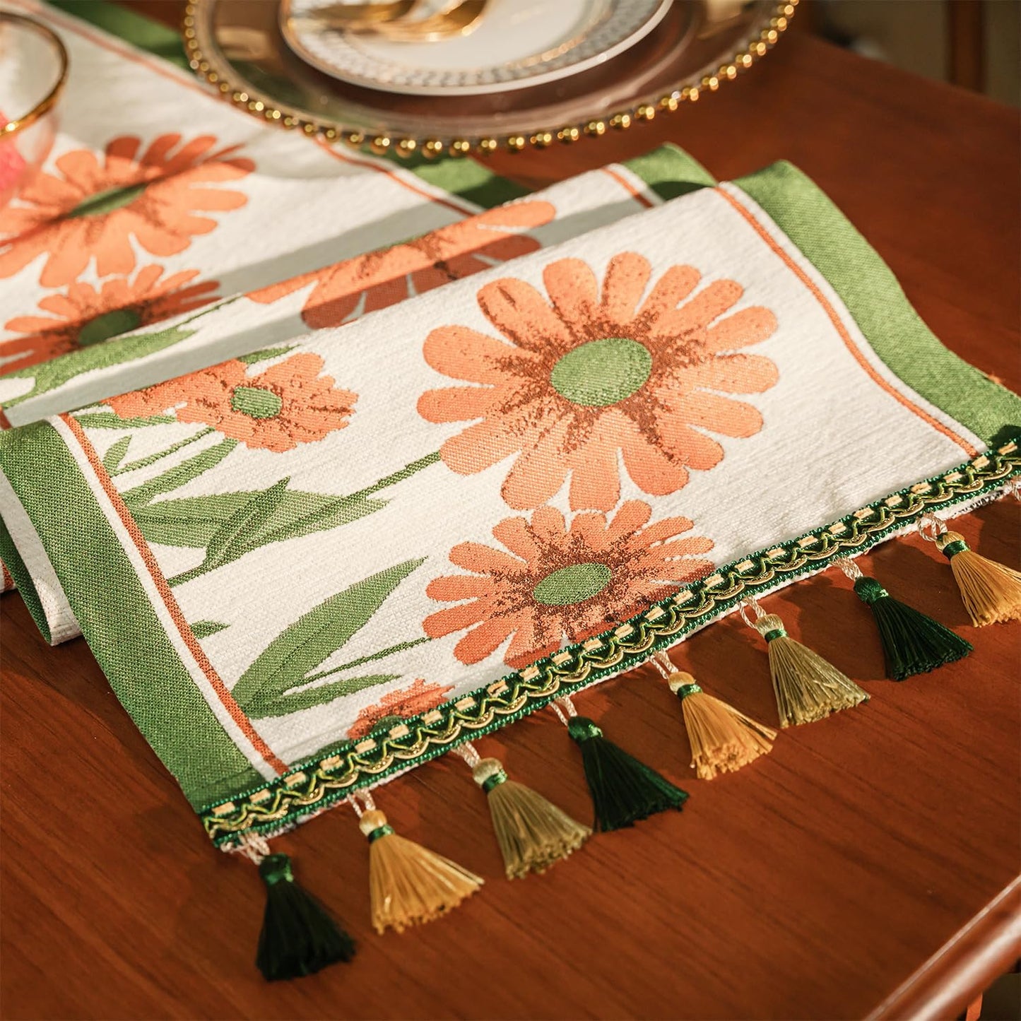 13×72 Inch Table Runner, Retro-Luxury Tassels Series for Kitchen Dining Table Holiday Decoration (Daisy)
