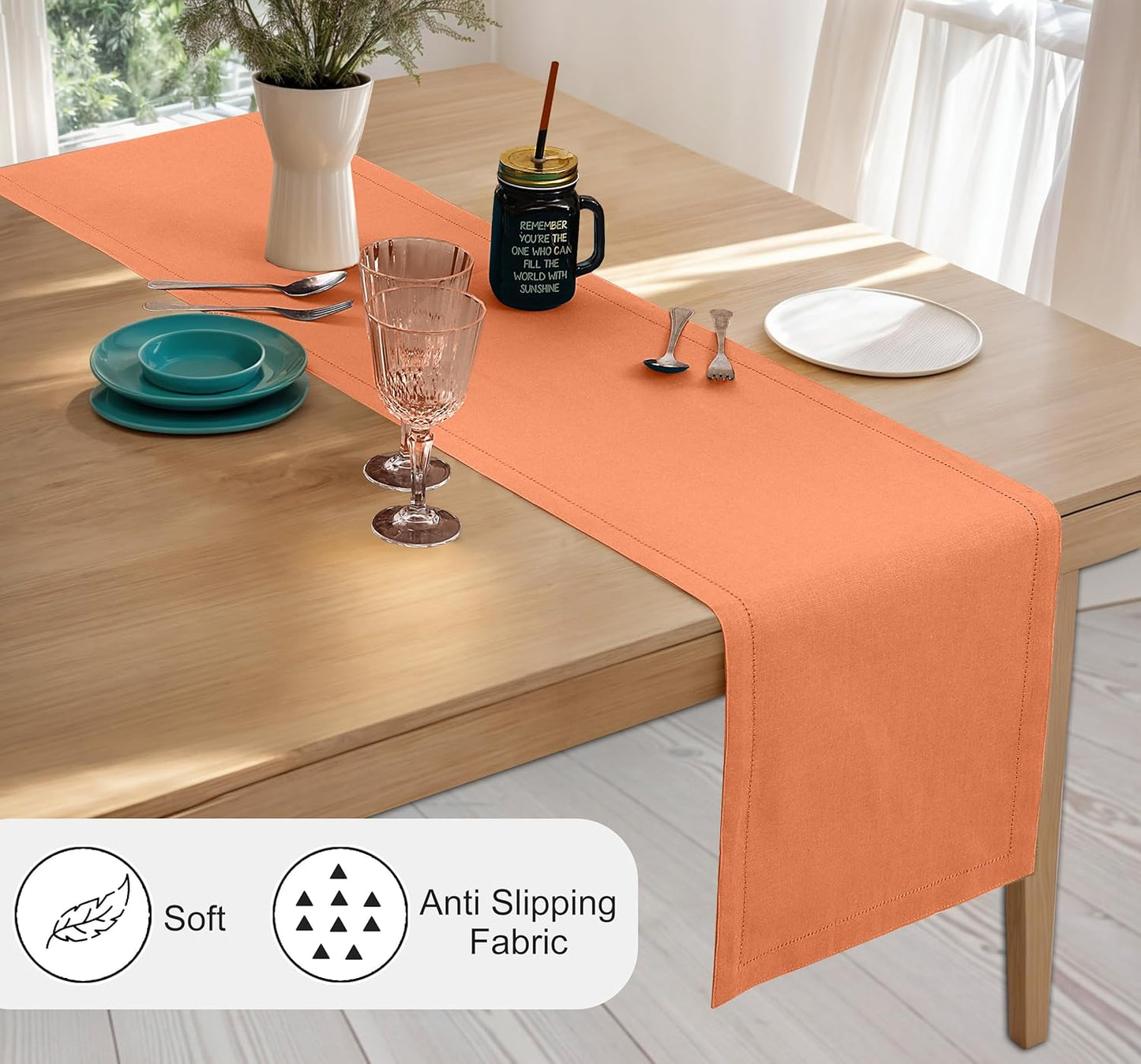 Ruvanti Linen Table Runner 108 Inches, Classic Hemstitch, Washable, Reusable, Non-Slipping, Stain Resistant- Perfect for Parties, Weddings, Dinners, Thanksgiving, Christmas, Indoor use – Orange