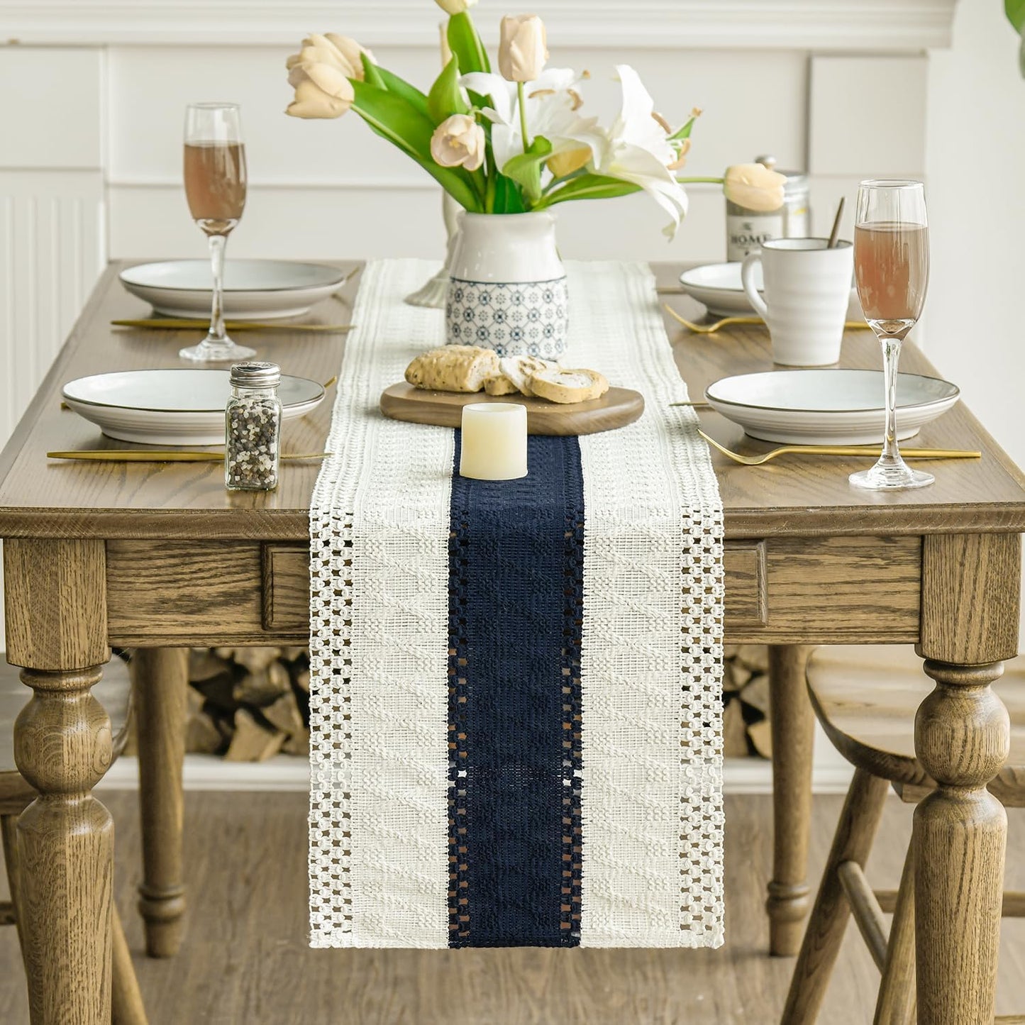 Artoid Mode Dark Blue Farmhouse Rustic Table Runner, Seasonal Holiday Hollow Kitchen Dining Table Decoration for Home Party Decor 12x48 Inch