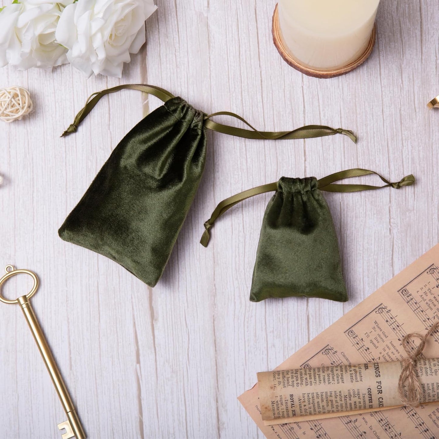 QIANF 12pcs Moss Green Velvet Drawstring Bags 3x4 inches Glossy Small Velvet Cloth Gift Bags Jewelry Pouches for Jewelry Storage Wedding Party Favor Christmas