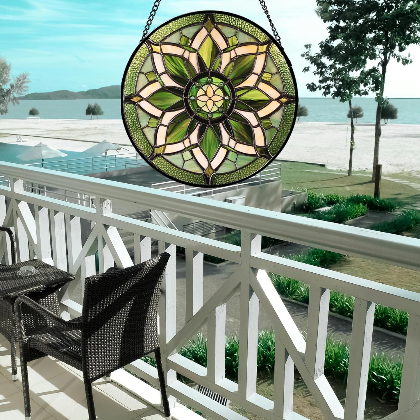 Stained Glass Window Hanging - White Green Boho Flower Suncatcher for Doors Window Home Sun Catchers Decor Christmas Mother's Day Birthday Gifts for Teacher Women Men Mom Nana 9.8 in