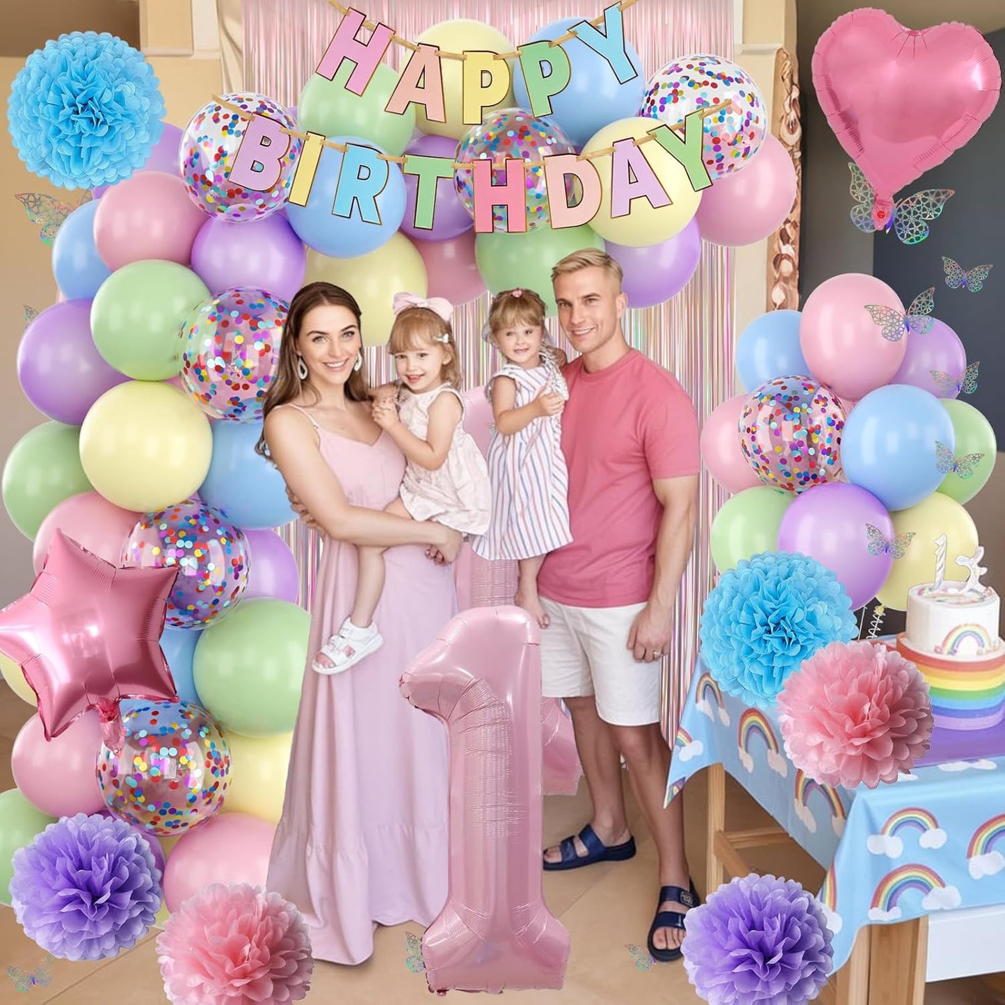 Pastel 1st Birthday Party Decorations for Girls Number 1 Balloon Happy Birthday Banner Butterfly Stickers Fringe Curtain Paper Pom Poms Macaron Pink Star Foil Colorful Balloons Baby 1 Year Old Decor