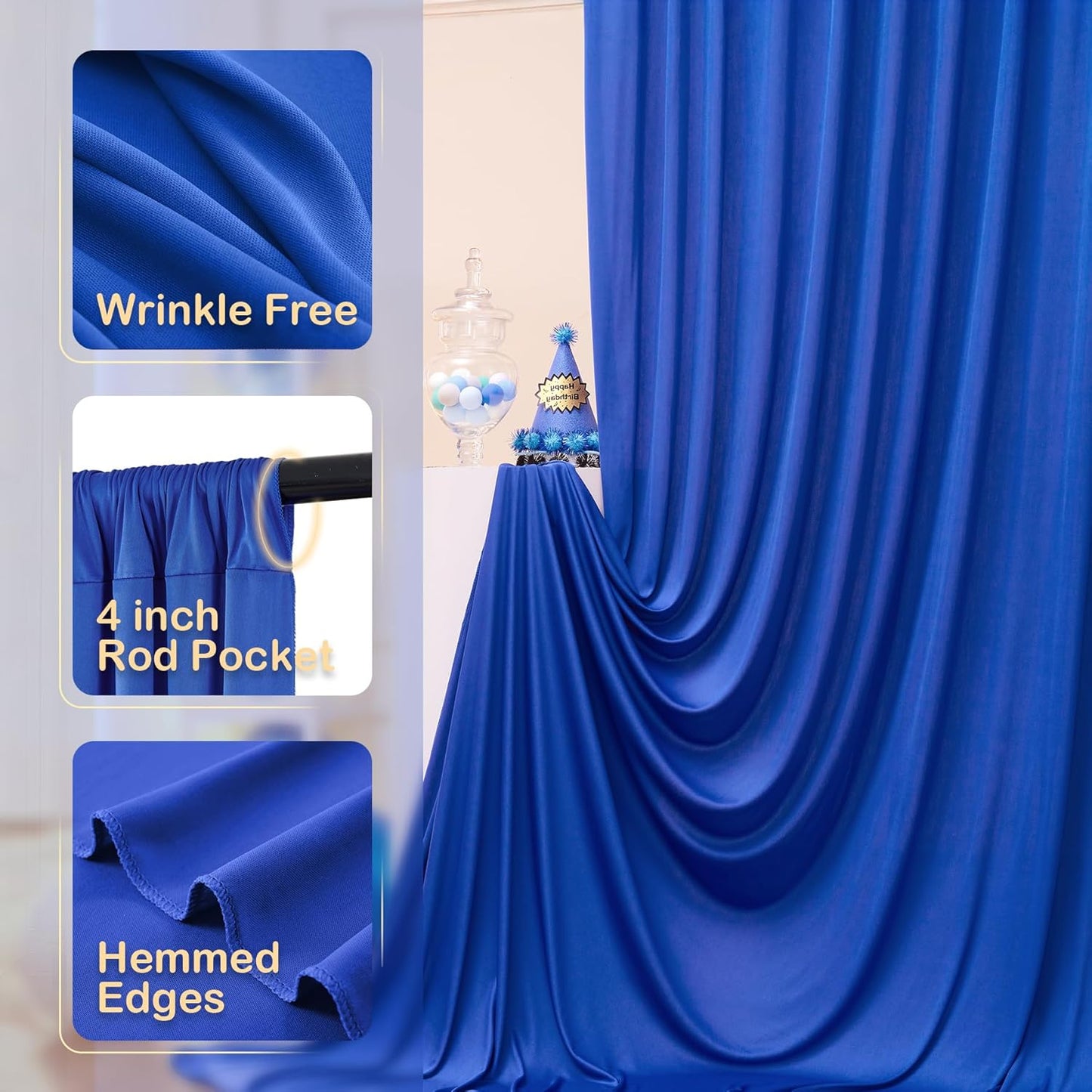 40ftx10ft Wrinkle Free Royal Blue Backdrop Curtains for Party Background, Silky Polyester 8 Panels Photo Backdrop Drapes Back Drop Cloth for Wedding Birthday Photography Baby Shower Decor