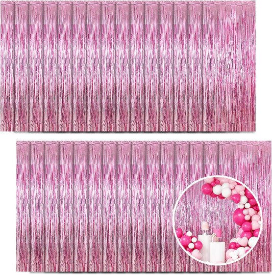 30 Pack Pink Foil Fringe Curtain Backdrop, 3.3x8.2 Feet Metallic Tinsel Streamer Curtains Photo Booth Props for Wedding/Birthday/Baby Shower/Valentine's Day/Princess Themed Party Decorations