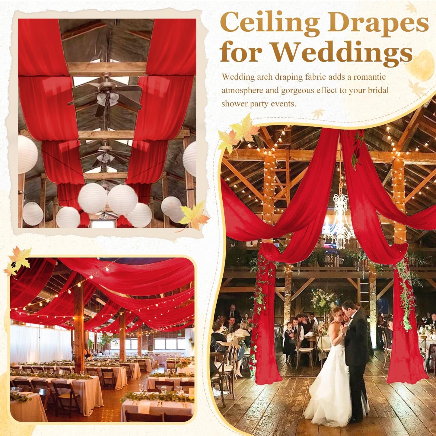 MODFUNS Wedding Ceiling Drapes Red Chiffon Ceiling Draping Fabric 5x20ft 6 Panels Sheer Arch Drapes Tulle Draping Fabrics Semi Sheer Stage Curtain for Wedding Banquet Decoration