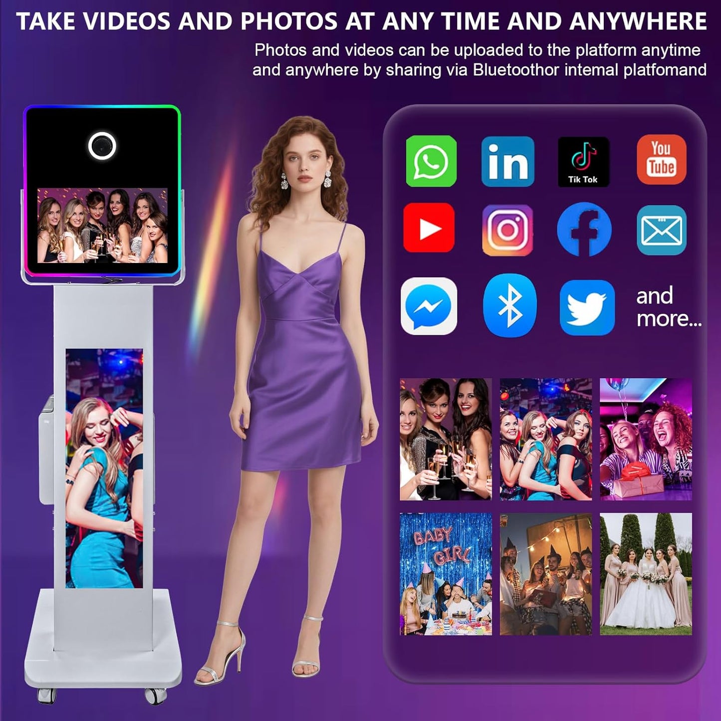 Portable Photo Booth with 15.6''and 29''LCD Touch Screen Selfie Photobooth Machine for Events Wedding Party Rental Christmas Flight Case (Machine+Mini Printer)