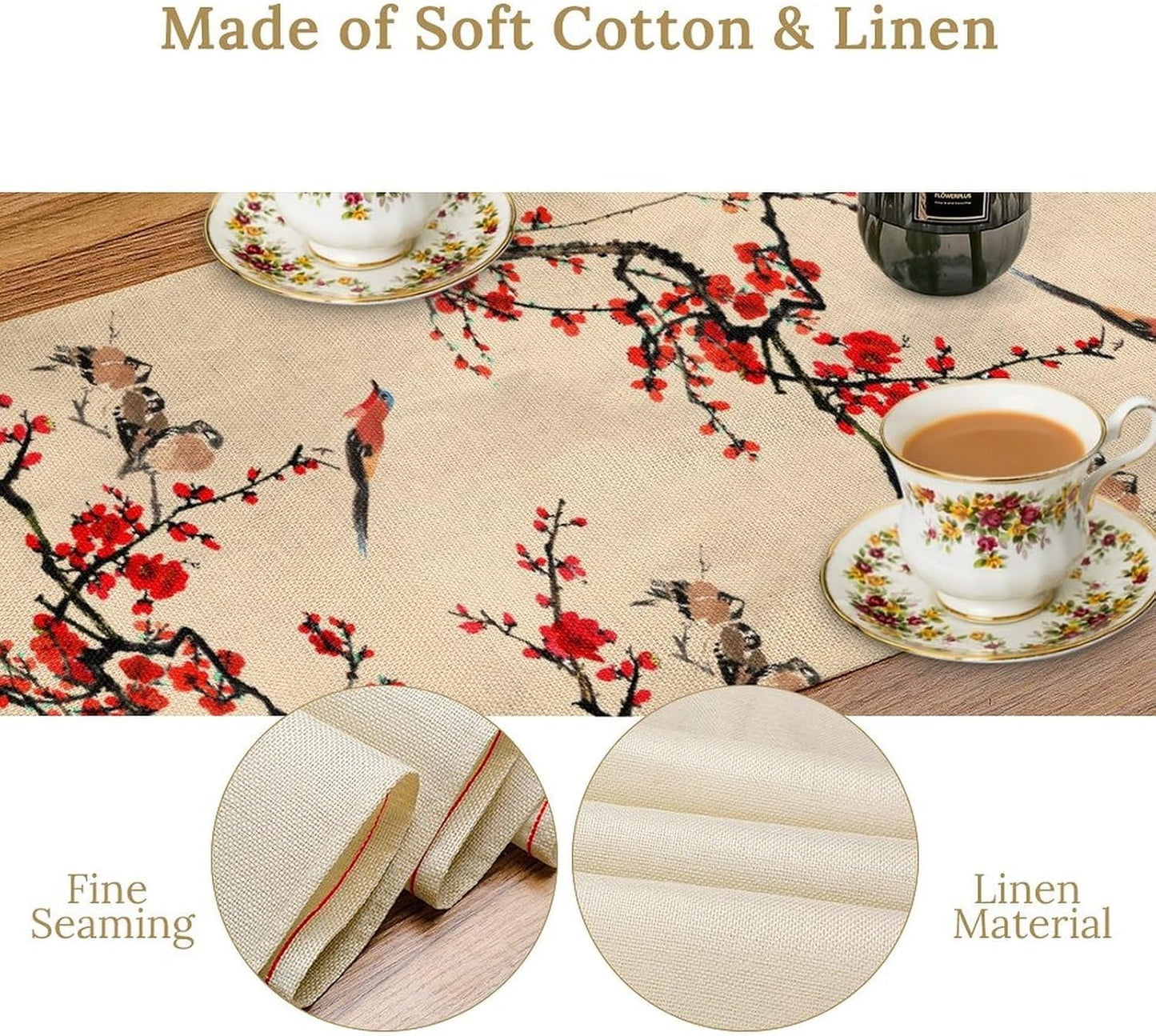 Bird Table Runner,Red Black Buffalo Plaid Blossom Seasonal Table Runner for Kitchen Dining Table Decoration Home Party Decor 13x60 Inch