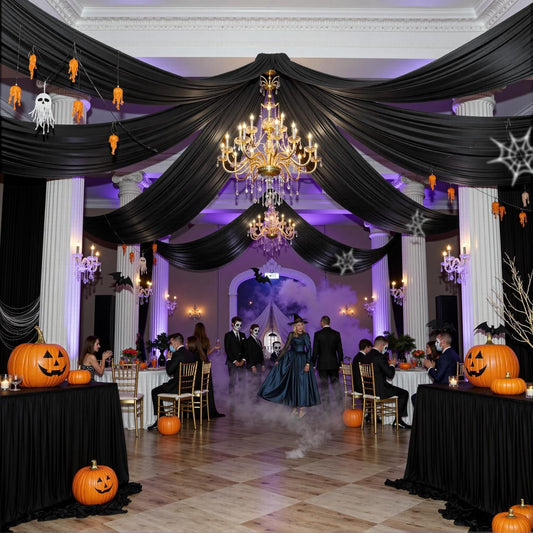 PartyVillage 4 Panels 5ftx30ft Black Ceiling Drapes for Halloween Parties – 30 FT Extra Long Thick Polyester Wrinkle-Free Drapery Tent Decor Decorations for Birthday Party Ceremony Stage Swag