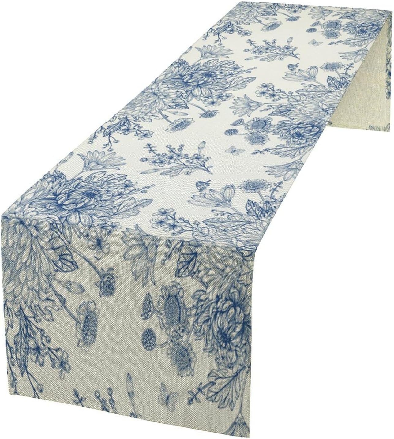 Chinoiserie Flower Table Runner, Seasonal Spring Fall Plants Blue Florals Dinner Runner for Home Kitchen Dining Table Party Holiday Decoration 13"x90"