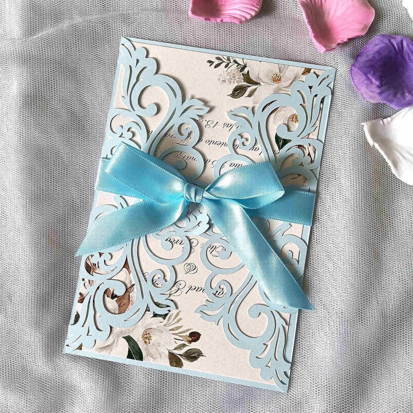 25PCS Light Blue Laser Cut Wedding Invitations Cards with Envelopes,Blank Inner Sheets,Ribbons for Wedding Bridal Shower Quinceanera Engagement Birthday Invites matte light blue B001