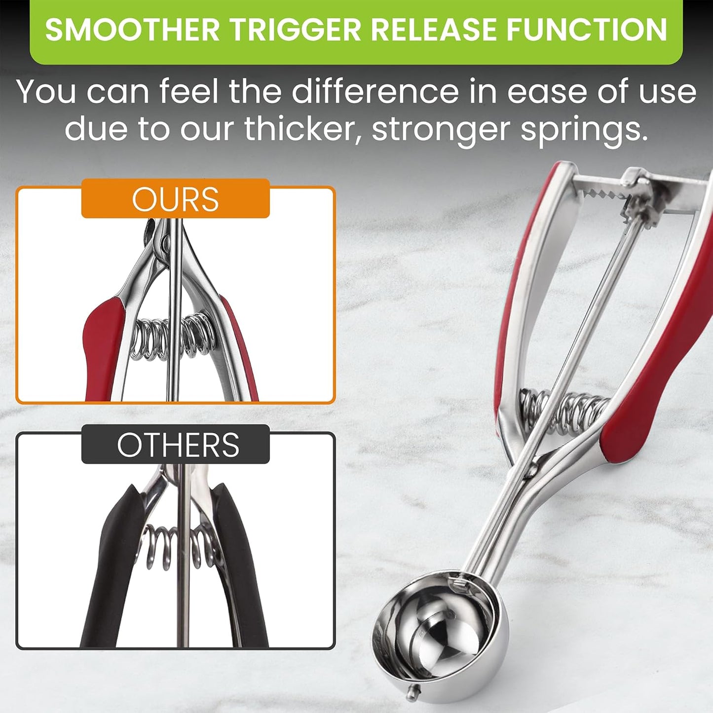 Spring Chef Red Small 1 Tbsp Stainless Steel Cookie Scoop for Baking - Multifunctional Melon Baller - #60 Cookie Dough Scoop with Trigger Release for Ice Cream, Protein Ball - Fruit Scooper and Baller