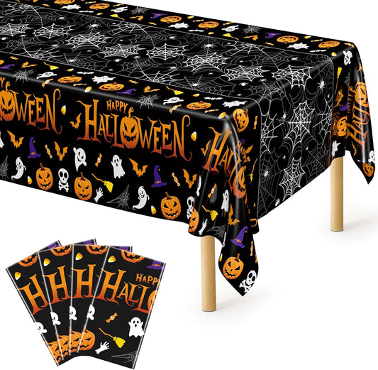 QZYL 4 Pack Halloween Tablecloth, 54" x 108" Halloween Decorations, Pumpkin Design Disposable Tablecover Plastic Table Cloth, Spider Webs Decorations Party Supplies Tableware Indoor