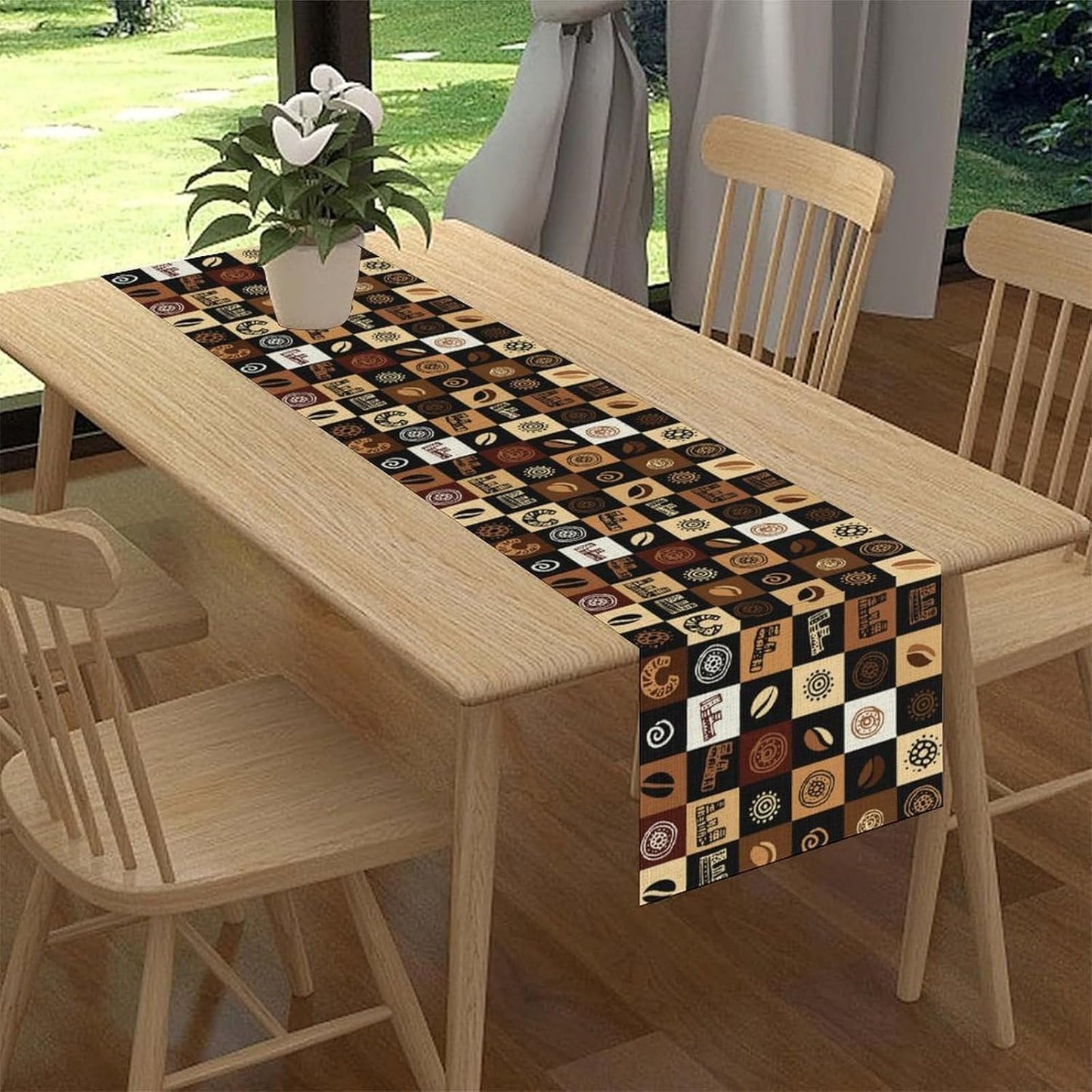 Coffee Theme Table Runner, Rustic Farmhouse Coffee Cup Latte Cappuccino Tea Party Cafe Table Center Decor for Home Kitchen Dining Patio Holiday Party Indoor Outdoor Table Decorations, 13"x36" Inch