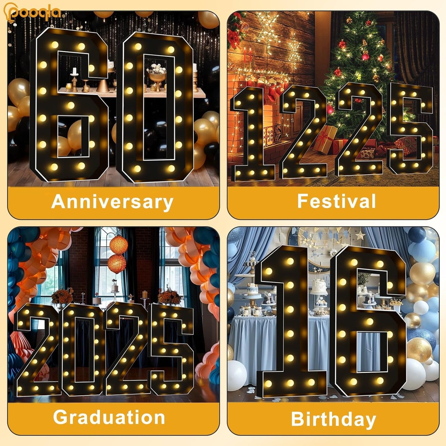 Pooqla 4 FT Light Up Marquee Numbers, Black Marquee Number Lights 4 Feet Tall for 9th 19th 90th Birthday, Giant Letter Big Mosaic Numbers for Balloons Party Anniversary Wedding Decorations, Number 9