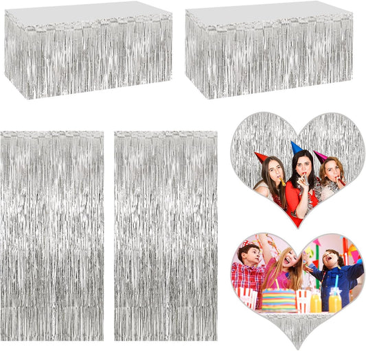 4P Metallic Foil Fringe Tinsel Table Skirts for Rectangle Tables Backdrop Banner Tinsel Streamer Garland Curtains for Parade Floats Wedding Graduation Anniversary Birthday Parties Decoration (Silver)