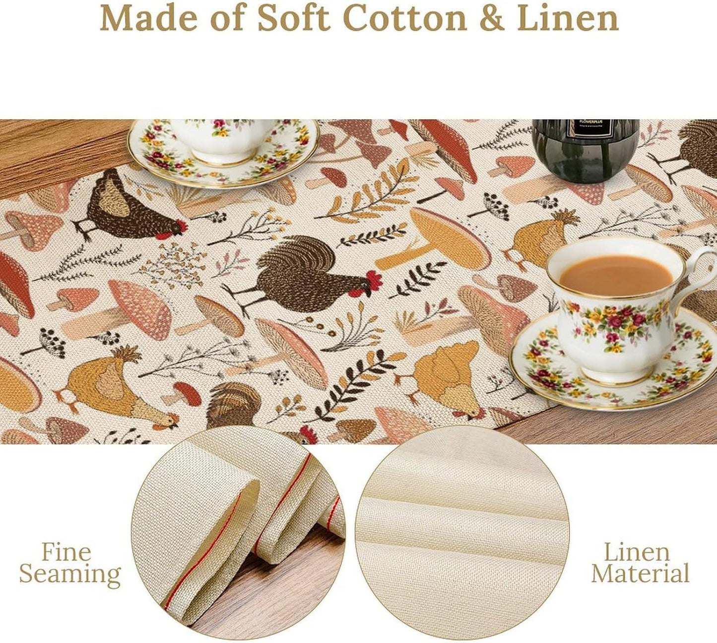 Mushroom Table Runner,Retro Natural Plant Famhouse Table Runner for Kitchen Dining Table Home Party Decoration 13x90 Inch