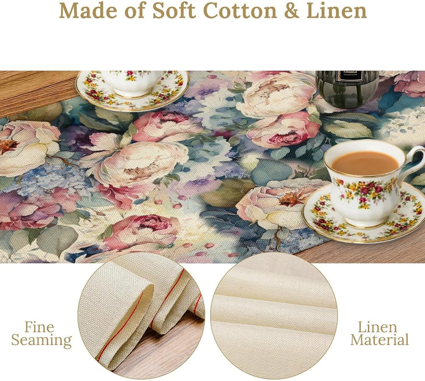 Vintage Floral Table Runner,Girls Women Rose Romantic Leaf Botanical Watercolor Pattern Print Burlap for Hotel Indoors Outdoor Dining Room Kitchen Holiday Party, 13x90in