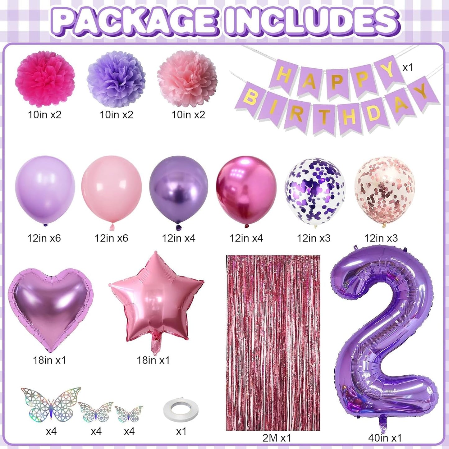 Pink Purple 2nd Birthday Party Decorations for Girls Number 2 Balloon Happy Birthday Banner Butterfly Stickers Fringe Curtain Paper Pom Poms Metallic Hot Pink Star Foil Balloons Baby 2 Year Old Decor
