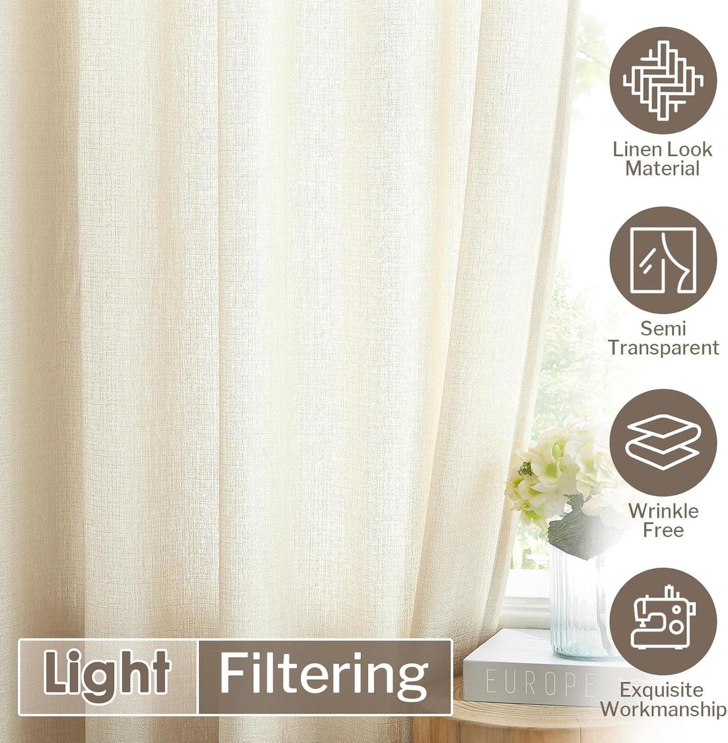 Melodieux Beige Semi Sheer Curtains 63 Inch Length for Bedroom Living Room, Farmhouse Linen Texture Light Filtering Home Office Shiny Sheer Drapes Rod Pocket, 52" W x 63" L, 2 Panels