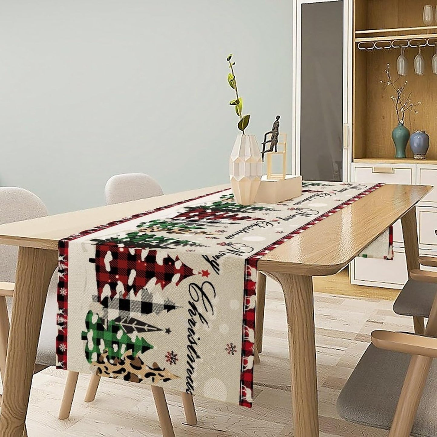 Christmas Tree Table Runner,Farmhouse Xmas Trees Buffalo Plaid Winter Snowflake Tablecloth Burlap for Hotel Indoors Outdoor Dining Room Kitchen Home Decor,W13X L90 in