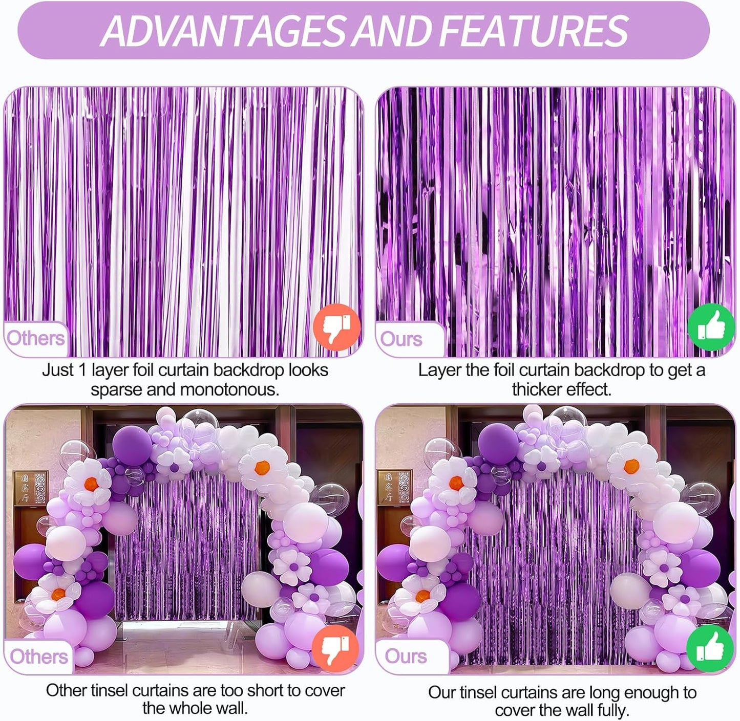 2 Pack Purple Foil Fringe Curtains Door Streamers Party Decorations 3.3 x 8.2 ft, Tinsel Curtain Fringe Backdrop for Parties, Door Fringe Birthday Streamers, Photo Booth Backdrops, Party Decor
