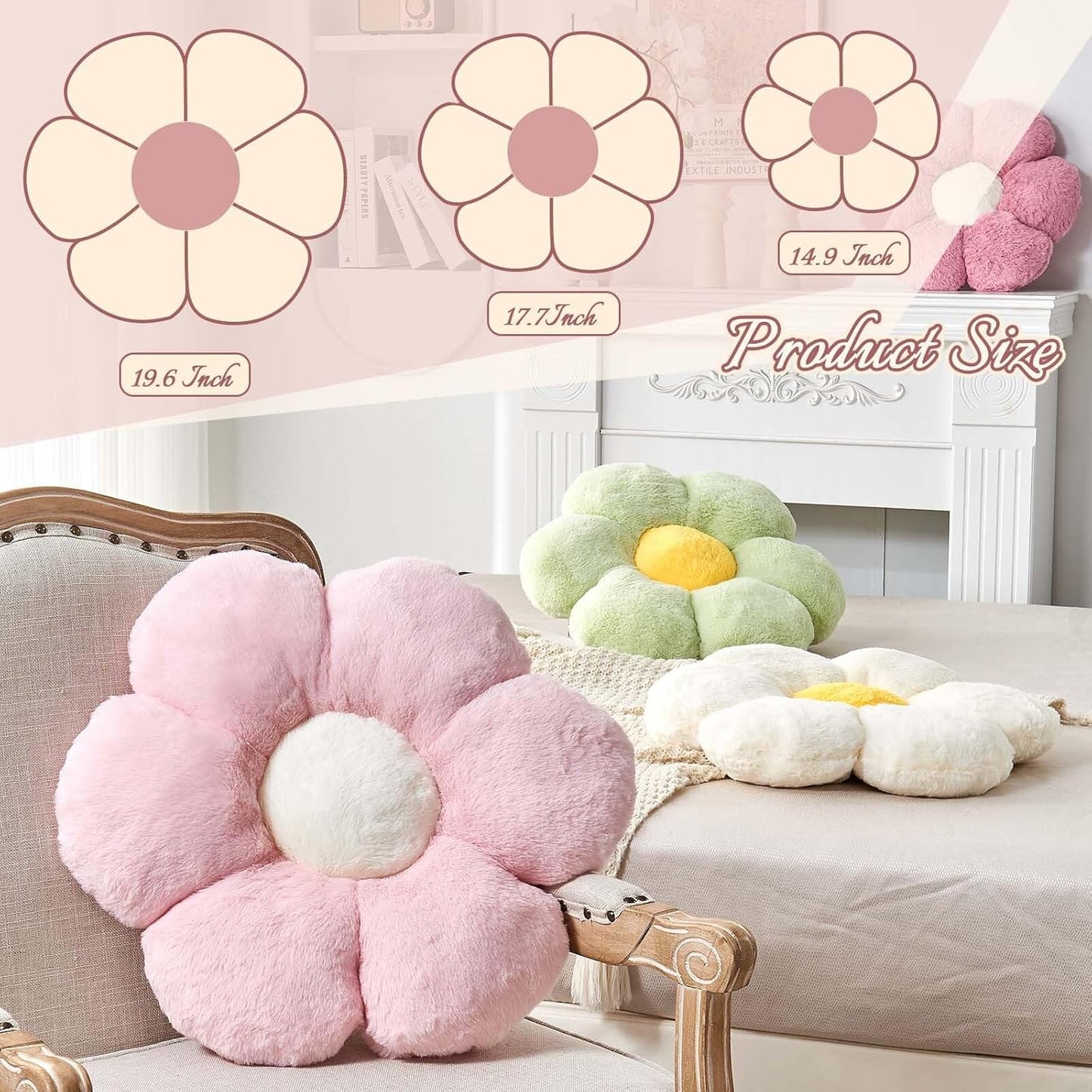 Silver Flower Pillow, 17.7" Flower Shaped Plush Decorative Throw Pillow for Bed