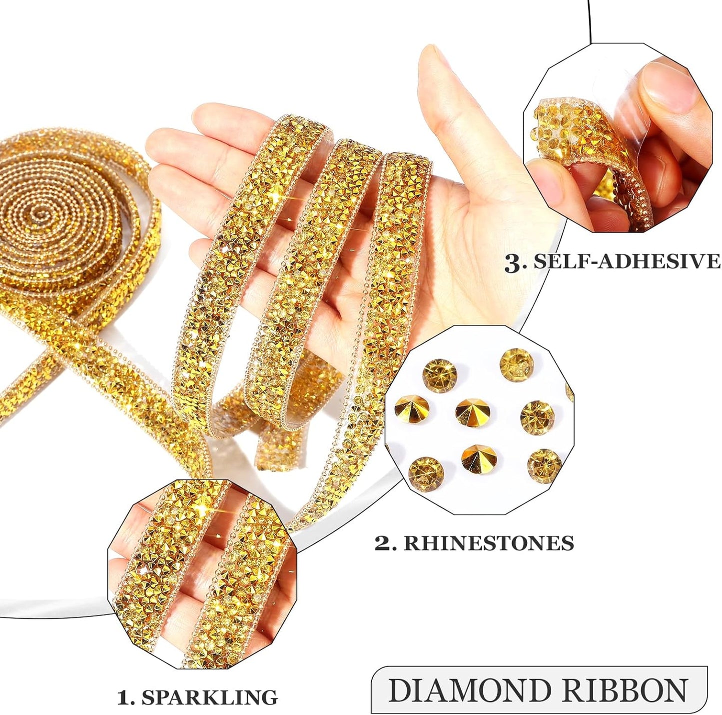 Rhinestone Ribbon 3 Yards Self Adhesive Rhinestone Strips Diamond Ribbon Sticker Crystal Roll Glitter Bling Rhinestones Tape for Crafting DIY Art Decoration (Gold,0.6 Inch)