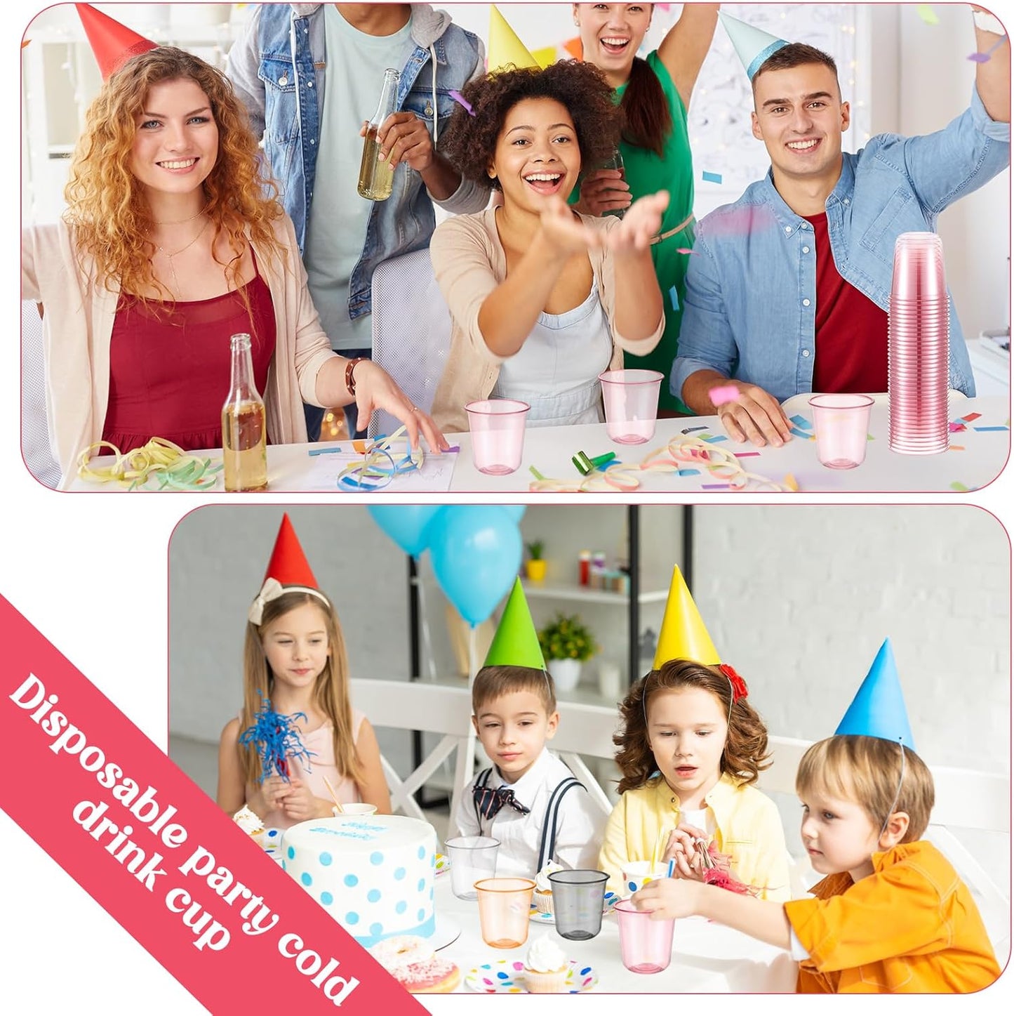 200 Pcs Disposable Stemless Glasses 12oz Crystal Plastic Wine Glasses Clear Classic Pet Cup for Meeting Weddings Birthdays Cocktail Christmas Party Supplies (Pink)